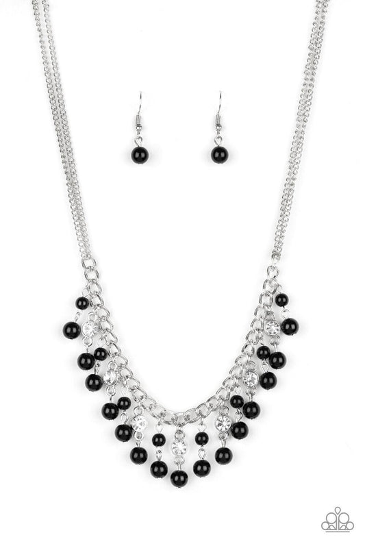 Paparazzi Accessories Regal Refinement - Black Alternating with glassy white rhinestones, shiny black beaded tassels swing from the bottom of a shimmery silver chain below the collar for a refined flair. Features an adjustable clasp closure. Sold as one i