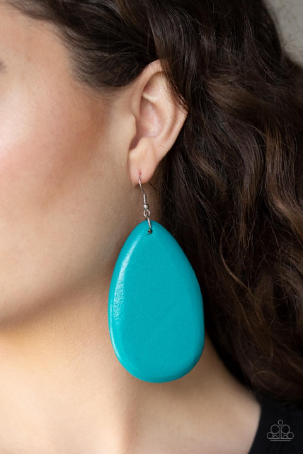Paparazzi Accessories Beach Bride - Blue Brushed in a shiny finish, a vibrant teal wooden teardrop frame swings from the ear for a seasonal flair. Earring attaches to a standard fishhook fitting. Jewelry