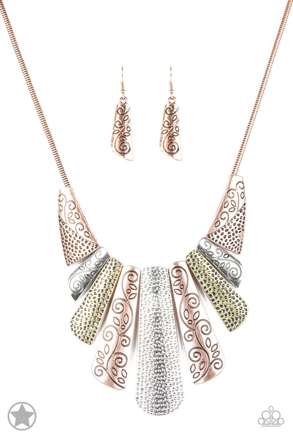 Paparazzi Accessories Untamed - Multi Copper, silver and brass plates featuring various hammered and filigreed textures fan out across the chest along a thick copper snake chain. The gorgeous tribal design falls gracefully below the collar into a dramatic