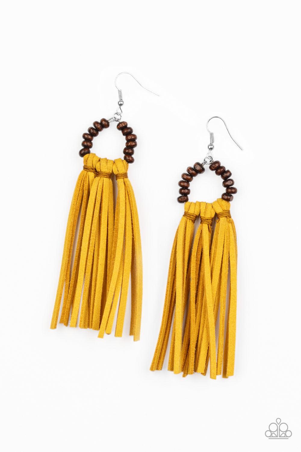 Paparazzi Accessories Easy To PerSUEDE - Yellow A trio of yellow suede tassels are knotted in place at the bottom of a wooden beaded frame, creating an earthy fringe. Earring attaches to a standard fishhook fitting. Jewelry