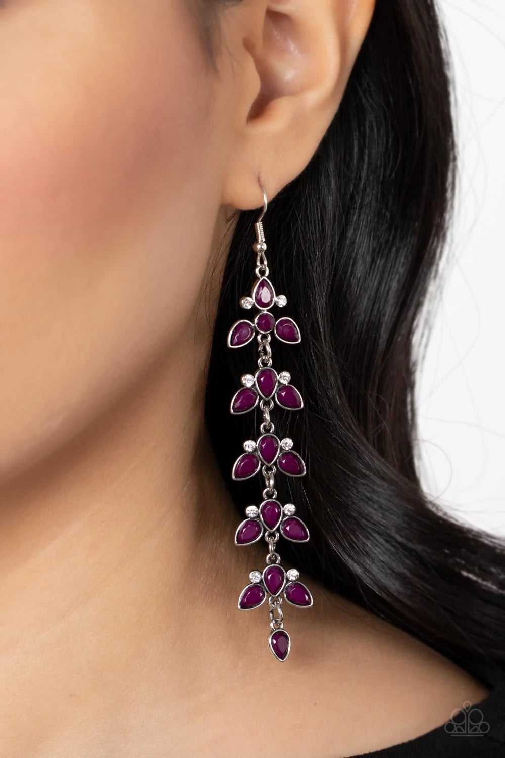 Paparazzi Accessories Fanciful Foliage - Purple Infused with pairs of dainty white rhinestones, faceted plum teardrop beads delicately connect into leafy frames that link into an extended lure for an elegant finish. Earring attaches to a standard fishhook