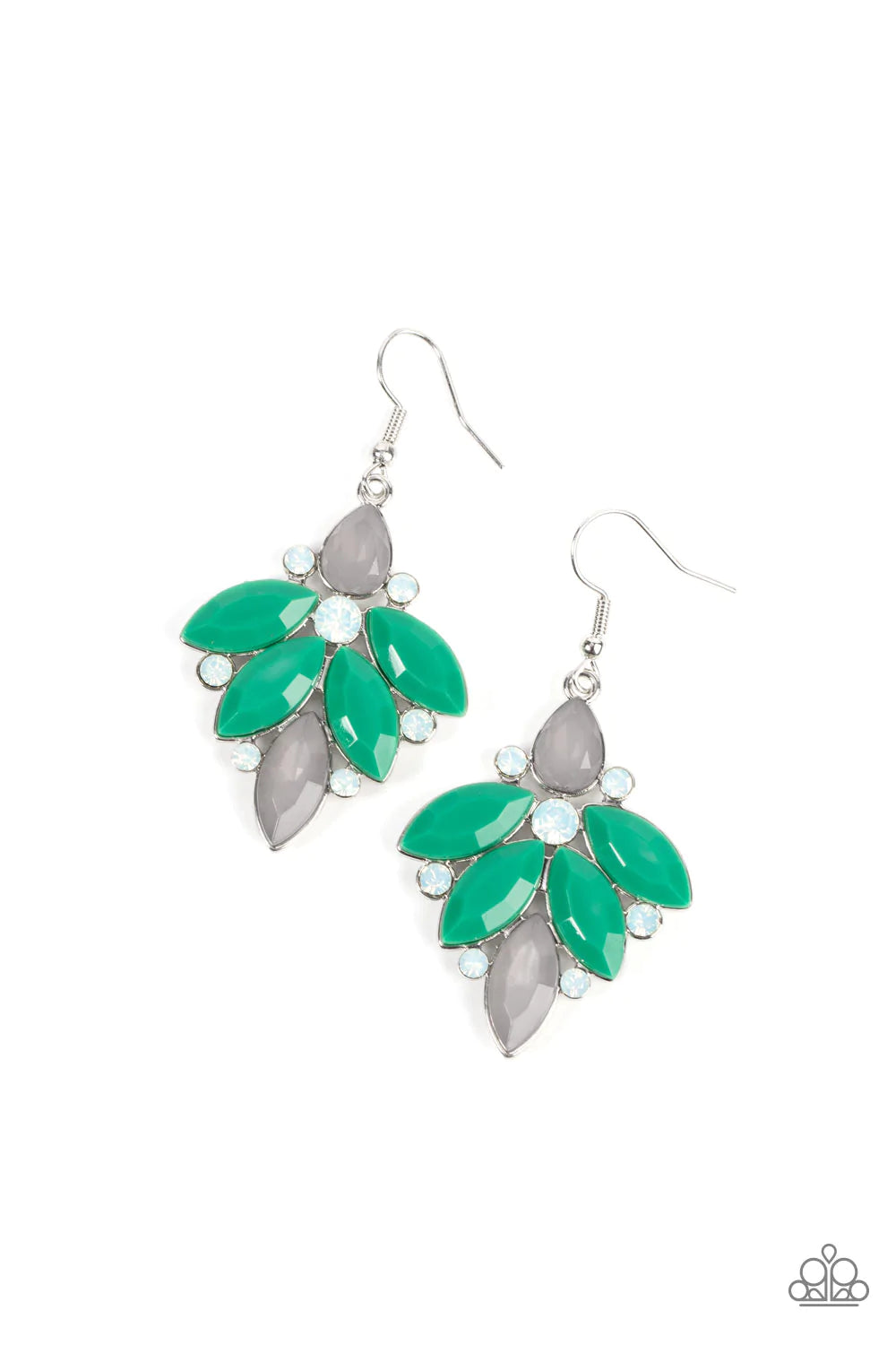 Paparazzi Accessories Fantasy Flair - Green Infused with opal white rhinestones, smoky glass-like and Leprechaun acrylic beads fan out into an elegantly ethereal frame. Earring attaches to a standard fishhook fitting. Sold as one pair of earrings.