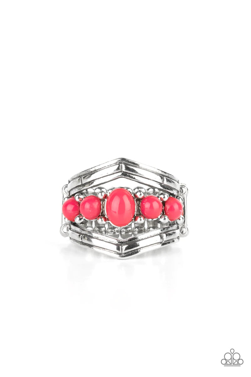 Paparazzi Accessories Show-Stopping Chevron - Pink A row of Raspberry Sorbet beads pressed into studded silver fittings floats between engraved silver chevron frames creating a trendsetting statement across the finger. Features a stretchy band for a flexi
