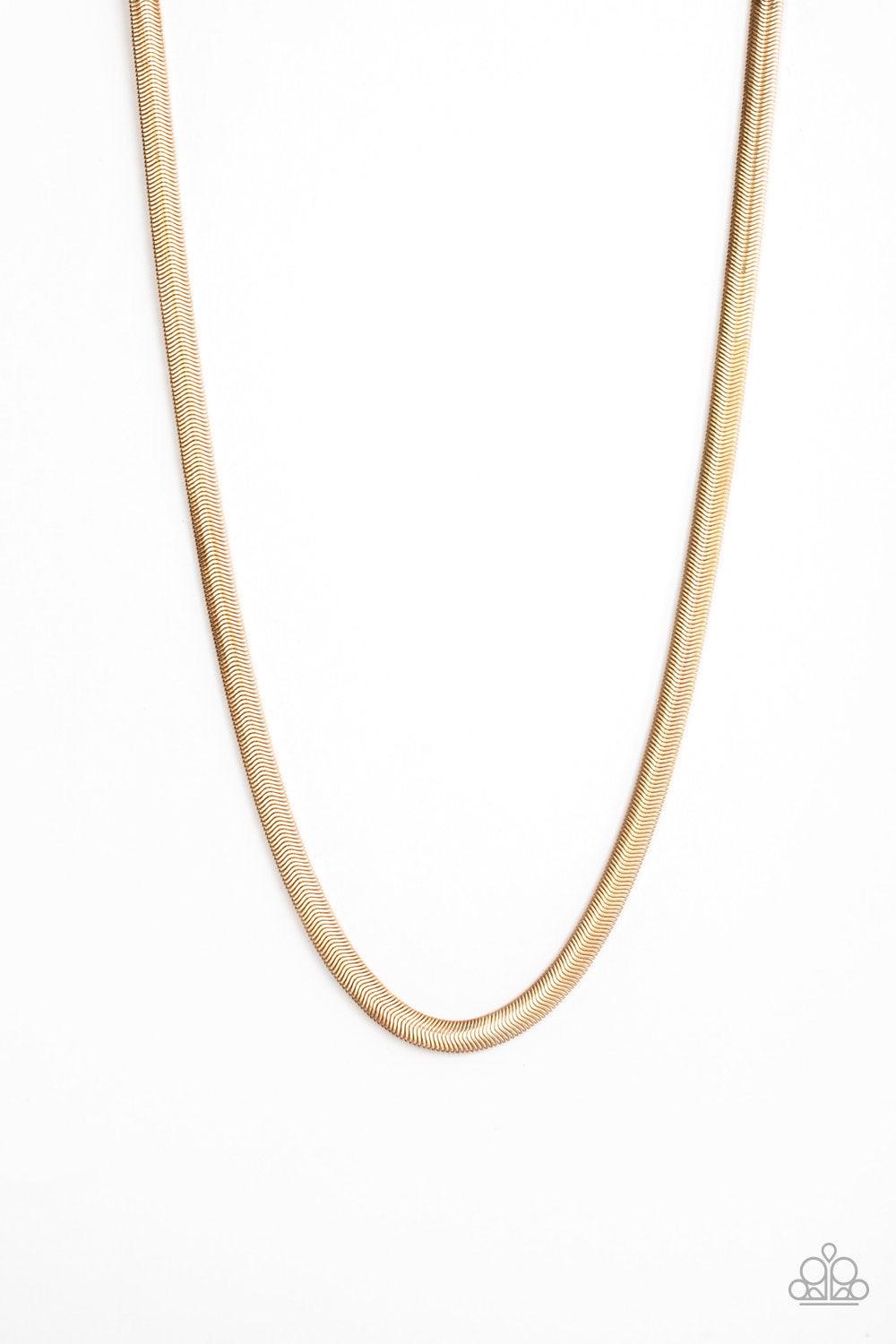 Paparazzi Accessories Kingpin - Gold Featuring a high-sheen finish, a thick gold herringbone chain drapes across the chest for a sleek, upscale look. Features an adjustable clasp closure. Jewelry