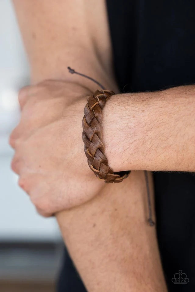 Paparazzi Accessories SoCal Summer - Brown Strappy strands of brown leather are braided together for a trendy seasonal fashion around the wrist. Features an adjustable sliding knot closure. Jewelry