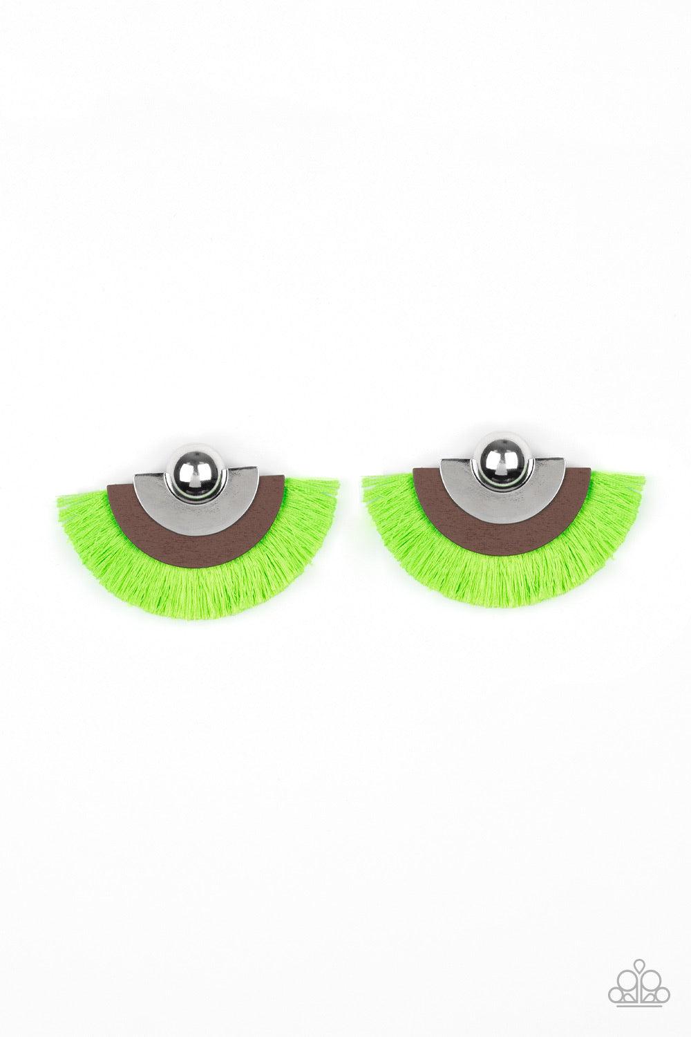 Paparazzi Accessories Fan The FLAMBOYANCE - Green Neon green thread fans from the bottom of a retro silver and wooden frame, creating a vivacious fringe. Earring attaches to a standard post fitting. Jewelry