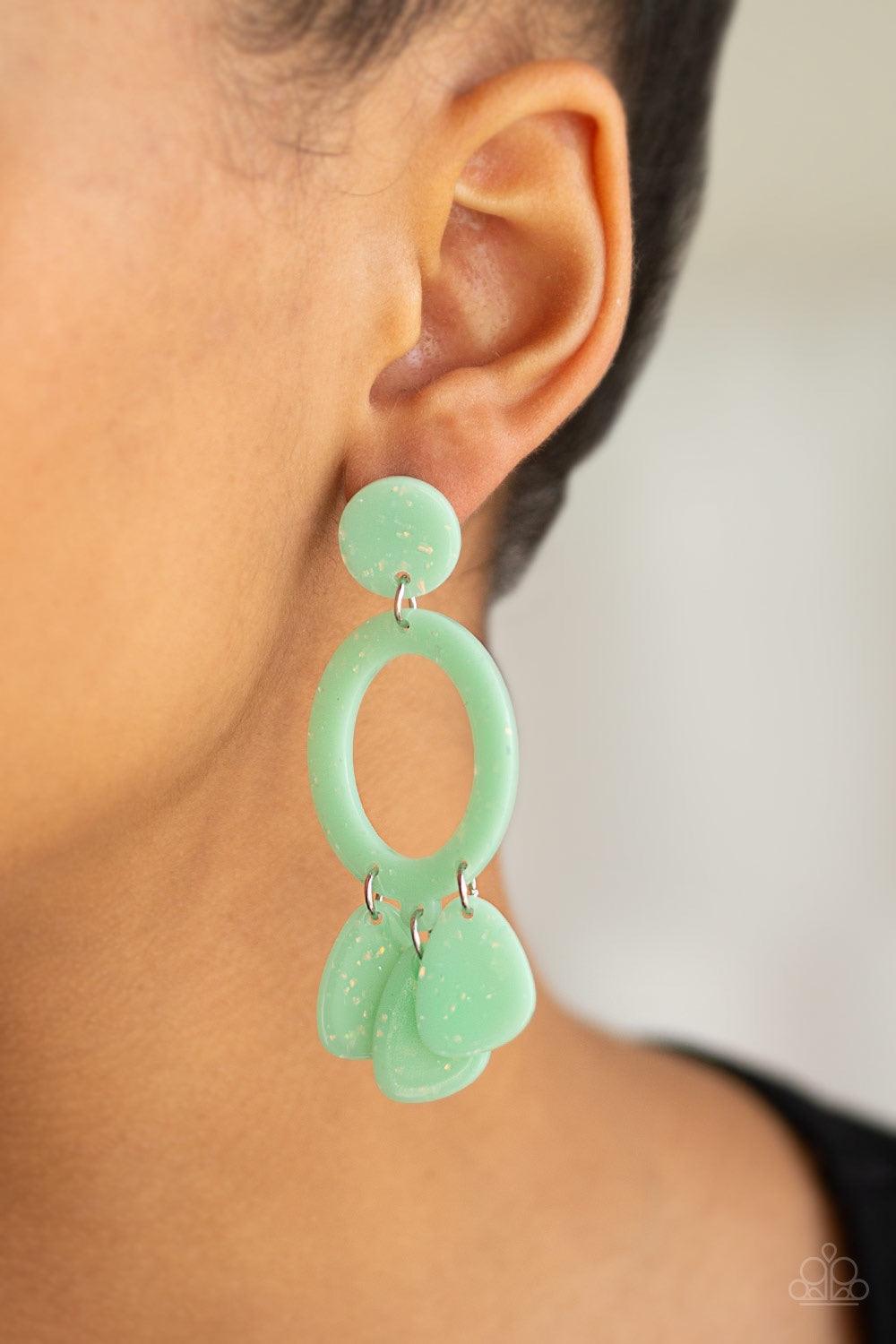 Paparazzi Accessories Sparkling Shores - Green Sparkle flecked Spearmint acrylic frames link into an abstract lure for a summery look. Earring attaches to a standard post fitting. Jewelry