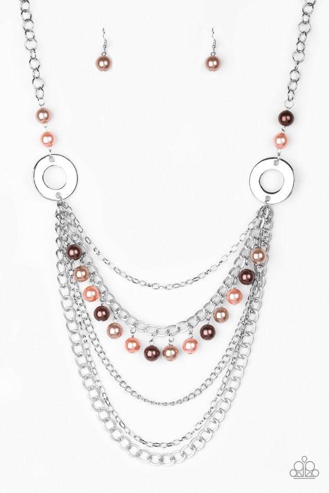 Paparazzi Accessories BELLES and Whistles - Multi Dramatic silver hoops give way to layers of mismatched silver chains. Pearly brown, pink, and tan beads trickle from the second chain, creating a flirty fringe across the chest. Features an adjustable clas