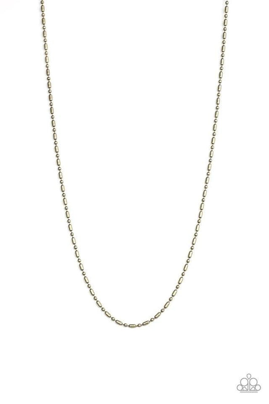 Paparazzi Accessories Covert Operation - Brass Brushed in an antiqued finish, a dainty brass ball and bar chain drapes across the chest for a casual look. Features an adjustable clasp closure. Jewelry