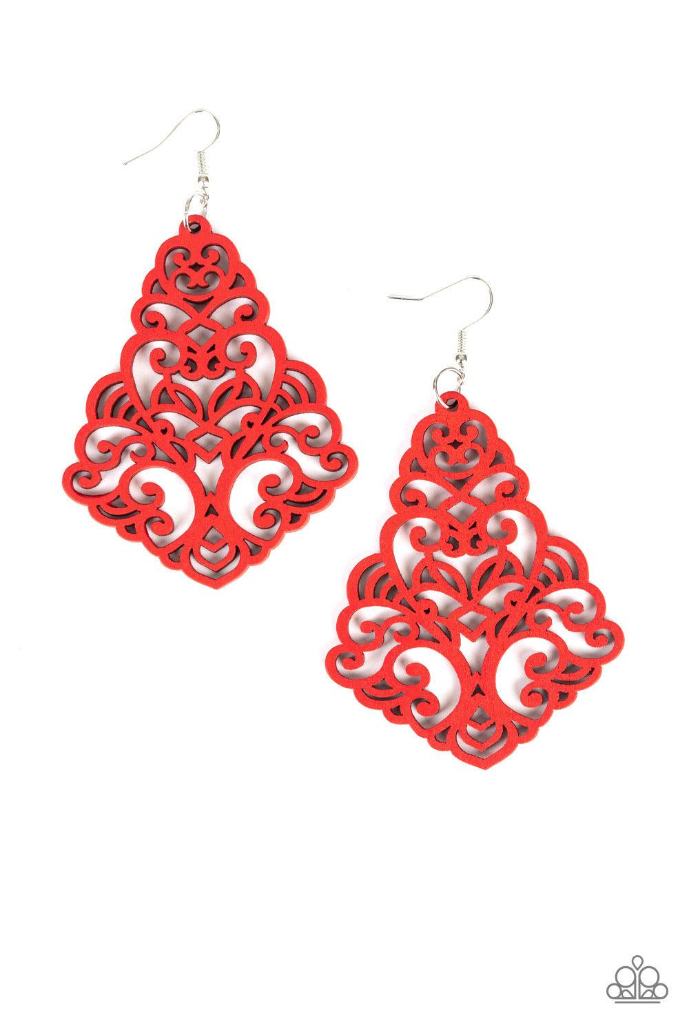 Paparazzi Accessories Powers of Zen - Red Painted in a robust red finish, an airy wooden frame swirling with filigree detail swings from the ear for a seasonal look. Earring attaches to a standard fishhook fitting. Jewelry