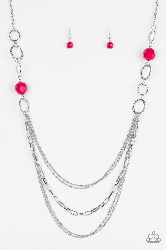 Paparazzi Accessories Margarita Masquerades - Pink Faceted Granita beads and hammered silver hoops gives way to layers of mismatched silver chains for a whimsical look. Features an adjustable clasp closure. Sold as one individual necklace. Includes one pa