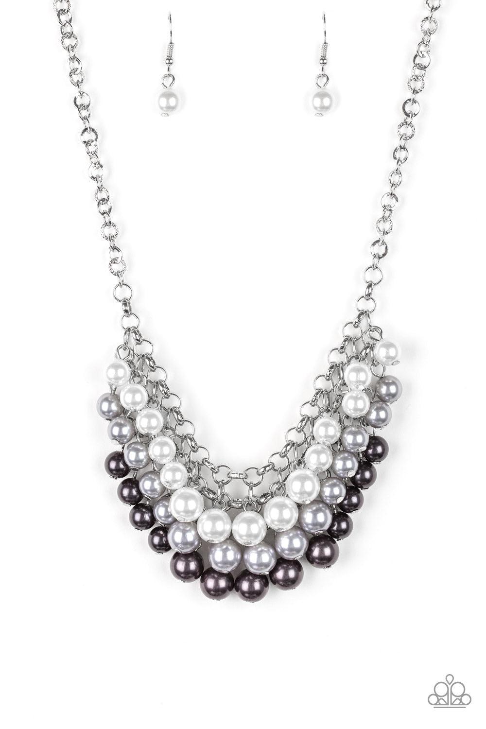 Paparazzi Accessories Run For The HEELS - Multi Rows of white, silver, and gunmetal pearls cascade below the collar, creating a glamorous fringe. Features an adjustable clasp closure. Sold as one individual necklace. Includes one pair of matching earrings