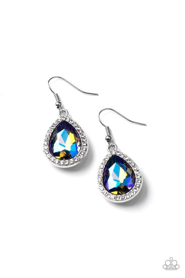 Paparazzi Accessories Dripping with Drama - Multi An iridescent teardrop gem is pressed into the center of a silver teardrop frame encrusted in glassy white rhinestones, creating dramatic sparkle. Earring attaches to a standard fishhook fitting. Sold as o