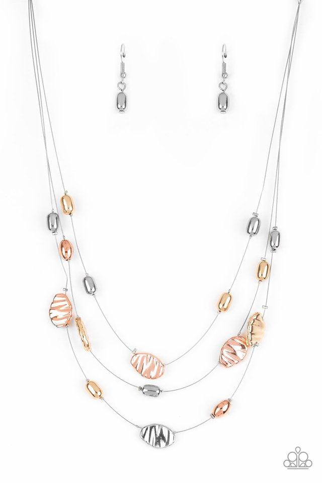 Paparazzi Accessories Top ZEN ~Multi Featuring smooth and delicately hammered finishes, mismatched shiny copper, gold, and silver beads are threaded along dainty silver wire, creating floating layers below the collar. Features an adjustable clasp closure.