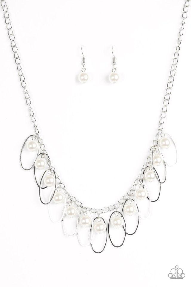 Paparazzi Accessories Party Princess - White Pearly white beads and shimmery silver hoops trickle from the bottom of a glistening silver chain, creating a fierce fringe below the collar for a timeless look. Features an adjustable clasp closure. Sold as on