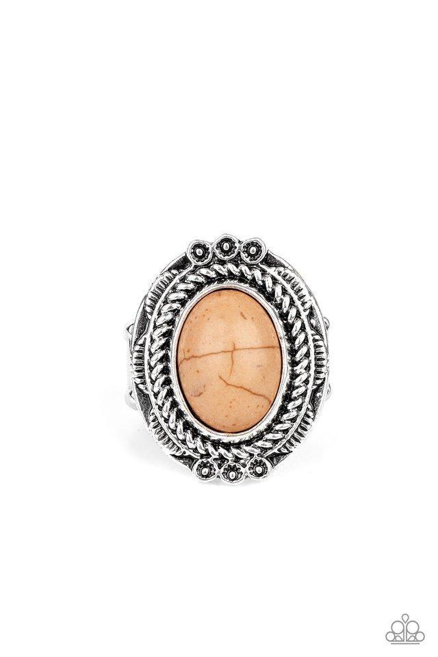 Paparazzi Accessories Tumblin’ Tumbleweeds - Brown A warm brown stone is pressed into an antiqued silver frame radiating with floral detail for a seasonal look. Features a stretchy band for a flexible fit. Sold as one individual ring. Jewelry