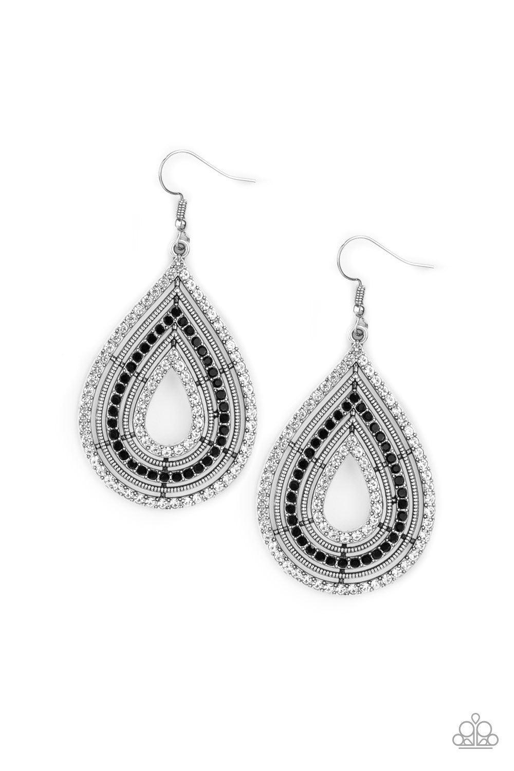 Paparazzi Accessories 5th Avenue Attraction - Black White and black rhinestones encrusted frames and textured silver frames alternate into a dramatic teardrop for a refined flair. Earring attaches to a standard fishhook fitting. Jewelry