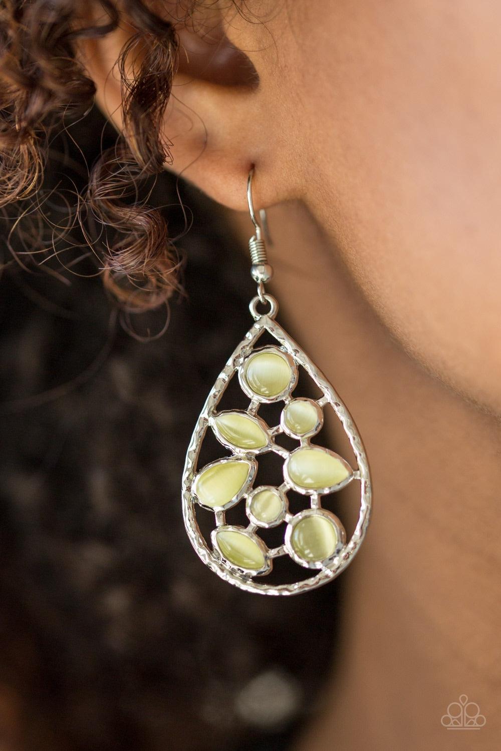 Paparazzi Accessories That Thing You Dew - Yellow Varying in shape, glassy yellow moonstones are sprinkled across the center of a silver teardrop, creating a whimsical lure. Earring attaches to a standard fishhook fitting. Jewelry