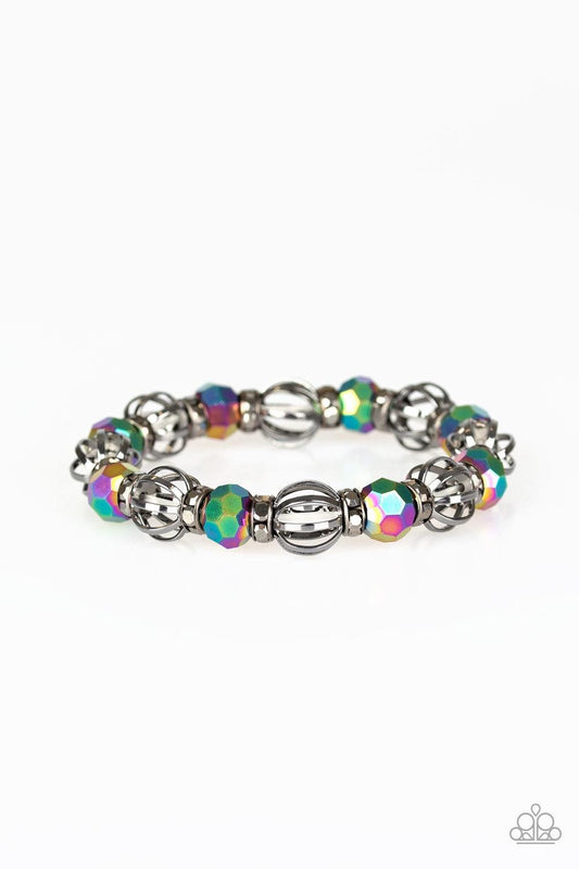 Paparazzi Accessories Metro Squad - Multi A collection of airy gunmetal beads, faceted rainbow metallic beads, and hematite rhinestone encrusted rings are threaded along a stretchy band around the wrist for a glamorous look Jewelry