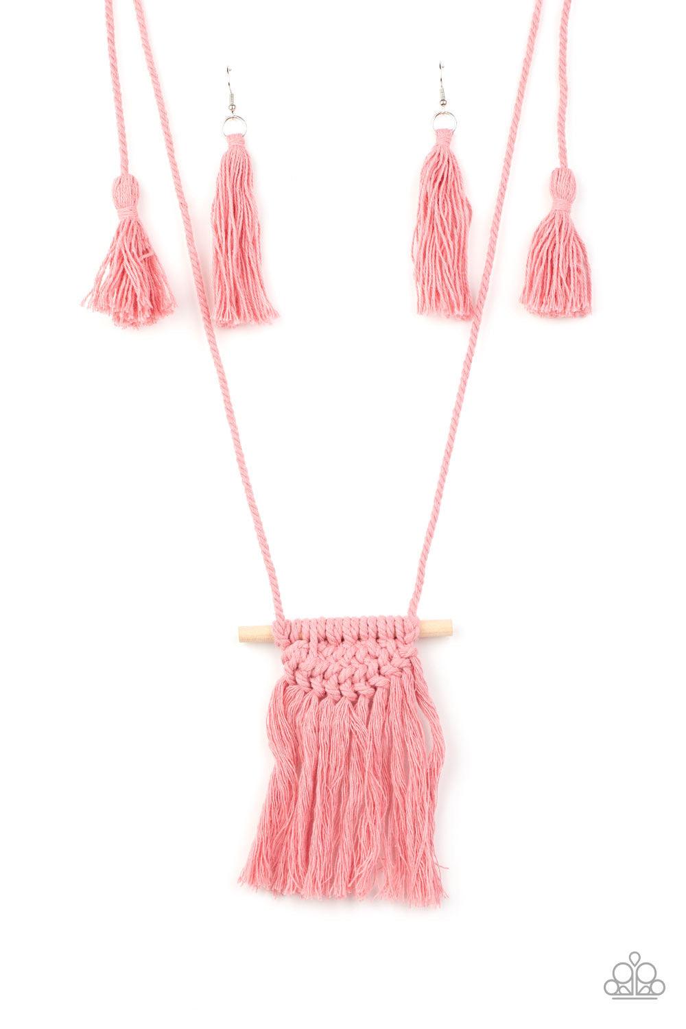 Paparazzi Accessories Between You And MACRAME -Pink Rose Tan cording delicately wraps around a dainty wooden dowel, knotting into a tasseled macramé centerpiece at the bottom of a dramatically lengthened display. Features an adjustable sliding knot closur