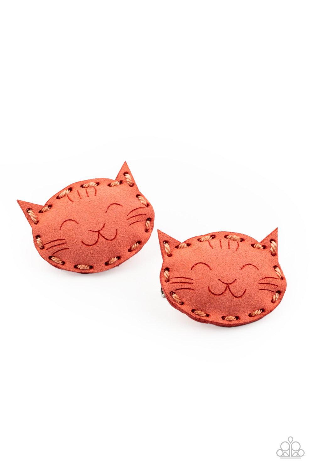 Paparazzi Accessories MEOW Your Talking! - Orange Pieces of coral suede are delicately cut and stitched into a puffy pair of cats. Features standard hair clips on the back. Sold as one pair of hair clips. Hair Accessories