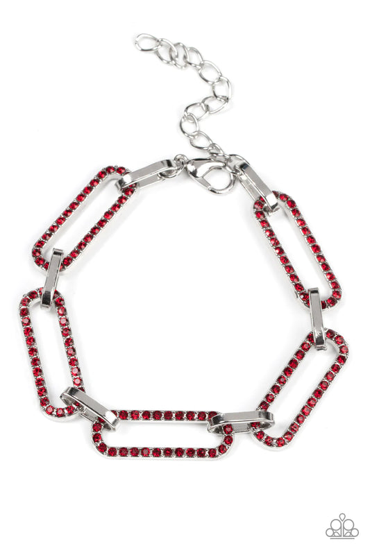Paparazzi Accessories Still Not OVAL You - Red Dotted in dainty red rhinestones, oblong silver frames link with shiny silver fittings around the wrist for a timeless twinkle. Features an adjustable clasp closure. Sold as one individual bracelet. Bracelets