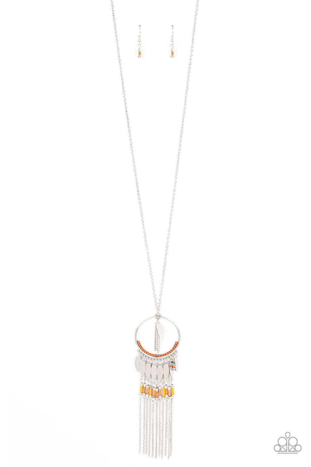 Paparazzi Accessories Dancing Dreamcatcher - Orange Leafy silver charms dangle from the bottom of an orange beaded silver hoop. The colorful pendant gives way to a silver chain fringe adorned in silver cube beads and yellow, coral, and pearly brown seed b