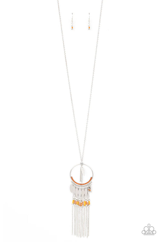 Paparazzi Accessories Dancing Dreamcatcher - Orange Leafy silver charms dangle from the bottom of an orange beaded silver hoop. The colorful pendant gives way to a silver chain fringe adorned in silver cube beads and yellow, coral, and pearly brown seed b