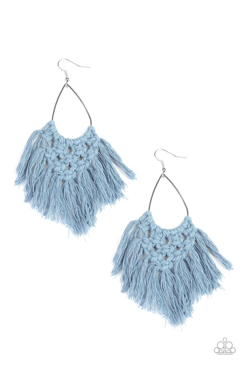 Paparazzi Accessories Oh MACRAME, Oh My - Blue Soft Faded Denim twine is decoratively knotted around a silver teardrop frame, creating a statement making fringe. Earring attaches to a standard fishhook fitting. Jewelry