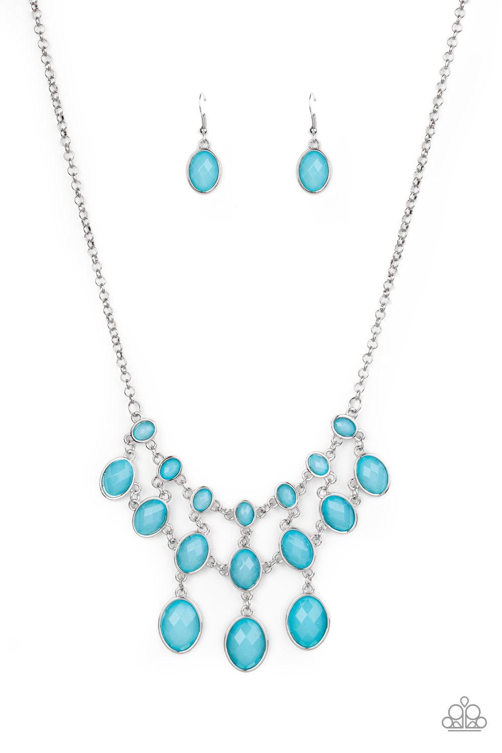 Paparazzi Accessories Mermaid Marmalade - Blue Gradually increasing in size as they cascade down the chest, rows of opalescent blue gems link together below the collar in a glamorous netted fringe. Features an adjustable clasp closure. Jewelry