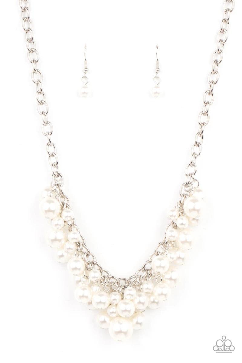 Paparazzi Accessories Down For The COUNTESS - White A bubbly collection of classic and oversized white pearls swing from the bottom of a bold silver chain, creating a dramatic fringe below the collar. Features an adjustable clasp closure. Sold as one indi