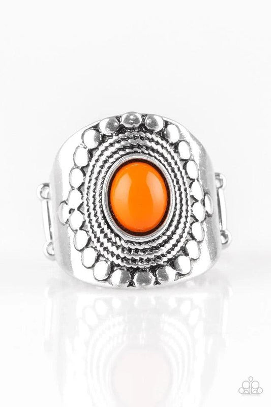 Paparazzi Accessories Zen To One - Orange A vivacious orange bead is pressed into the center of a thick band radiating with dotted and rope-like patterns for a seasonal look. Features a stretchy band for a flexible fit. Jewelry
