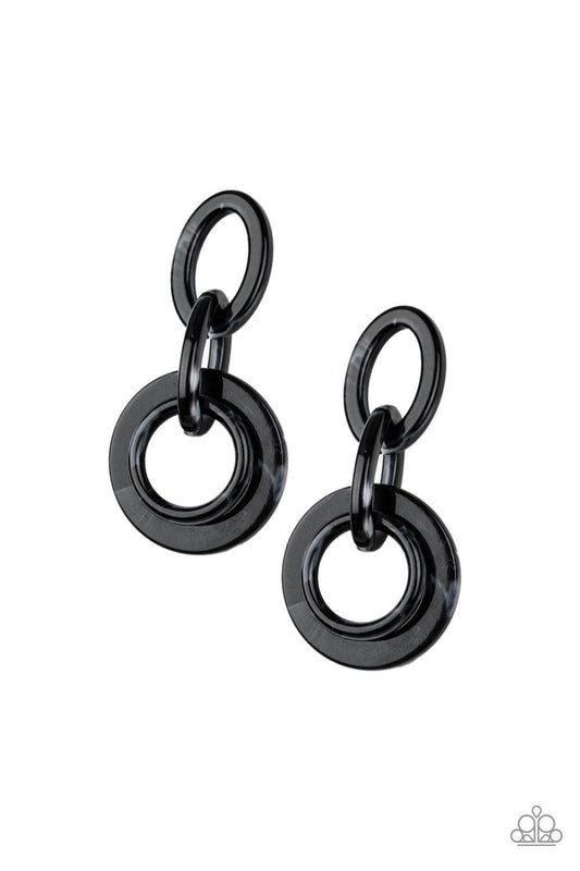 Paparazzi Accessories Havana HAUTE Spot - Black Brushed in a faux marble finish, shiny black hoops connect to a larger frame for a retro look. Earring attaches to a standard post fitting. Jewelry