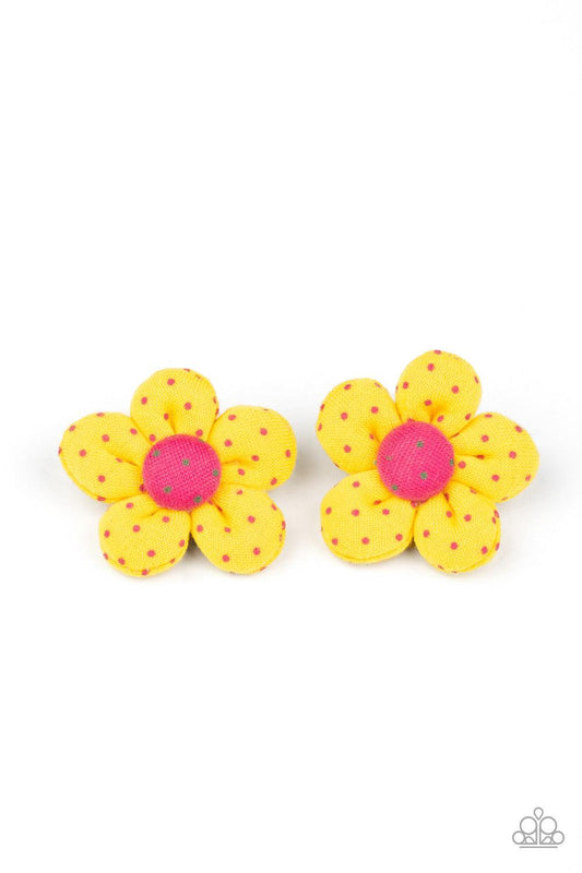 Paparazzi Accessories Polka Dotted Delight - Yellow Dotted in dainty pink polka dots, puffy yellow petals bloom from matching pink button-top centers featuring green polka dots, creating a playful pair of flowers. Each flower features a standard hair clip
