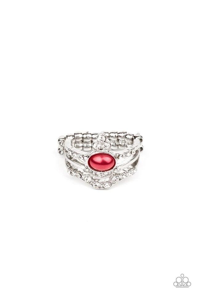 Paparazzi Accessories Timeless Tiaras - Red Encrusted in glassy white rhinestones, dainty silver bars arc across the finger, coalescing into an airy band. Dotted with a pearly red bead, a glittery white rhinestone frame crowns the uppermost band for a reg