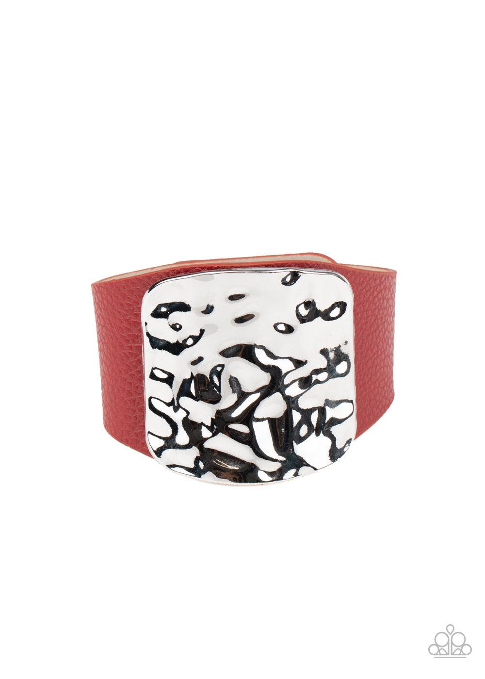 Paparazzi Accessories Brighten Up - Red A hammered silver square-like frame gently curves with a thick red leather band, creating a colorfully rustic centerpiece atop the wrist. Features an adjustable snap closure. Sold as one individual bracelet. Jewelry