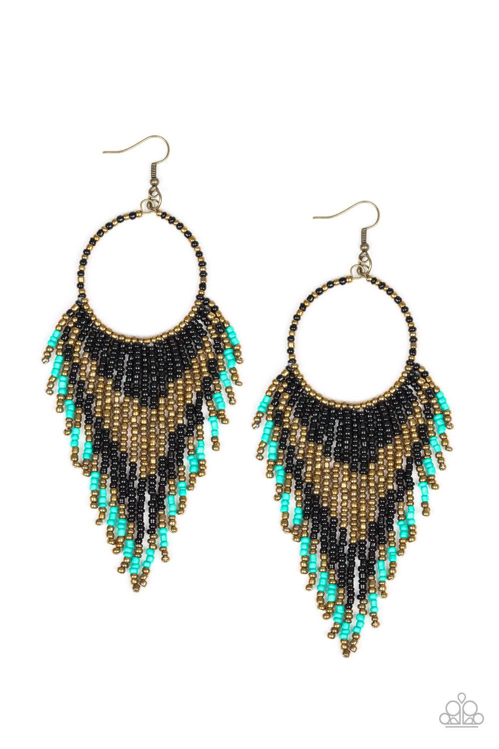 Paparazzi Accessories Live Off The BADLANDS - Black Infused with black, brass, and turquoise seed beads, a colorful dream catcher frame swings from the ear for a seasonal look. Earring attaches to a standard fishhook fitting. Sold as one pair of earrings.