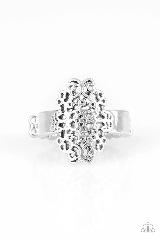 Paparazzi Accessories Full of HAUTE Air - Silver Brushed in an antiqued finish, glistening silver filigree whirls across the finger for an airy look. Features a dainty stretchy band for a flexible fit. Sold as one individual ring. Jewelry