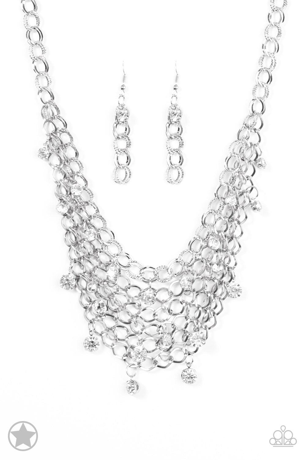 Paparazzi Accessories Fishing For Compliments - Silver A collar of layered interlocking silver chain provides the canvas for gorgeous clear rhinestones to sway delicately. Features an adjustable clasp closure Jewelry