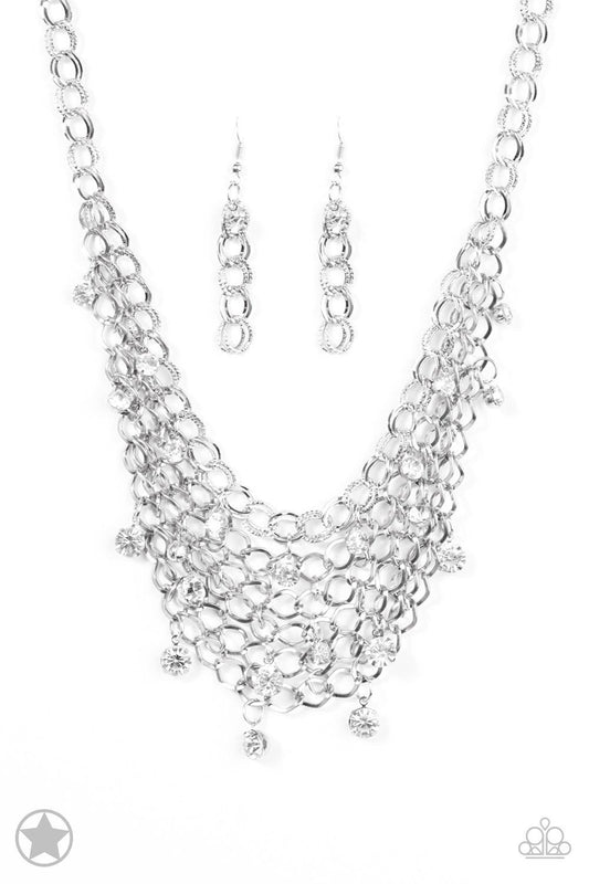 Paparazzi Accessories Fishing For Compliments - Silver A collar of layered interlocking silver chain provides the canvas for gorgeous clear rhinestones to sway delicately. Features an adjustable clasp closure Jewelry