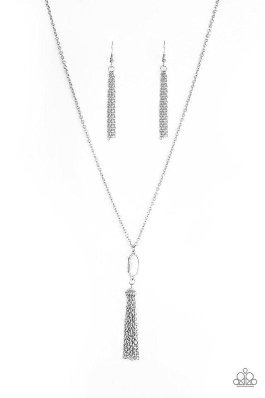 Paparazzi Accessories Tassel Tease - White Swinging from a lengthened silver chain, a faceted white bead gives way to a shimmery silver tassel for a whimsical look. Features an adjustable clasp closure. Sold as one individual necklace. Includes one pair o