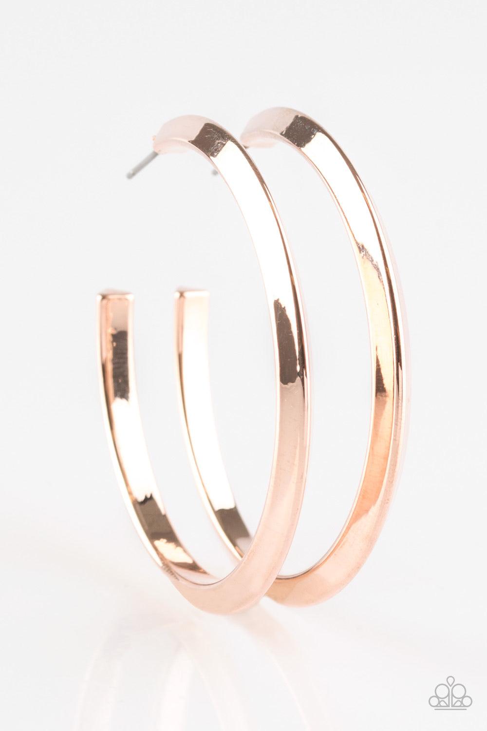 Paparazzi Accessories Some Like It HAUTE - Rose Gold Brushed in a high-sheen finish, a glistening rose gold hoop curls into a bold ribbed look for a sassy industrial finish. Earring attaches to a standard post fitting. Hoop measures 1 3/4” in diameter. Je