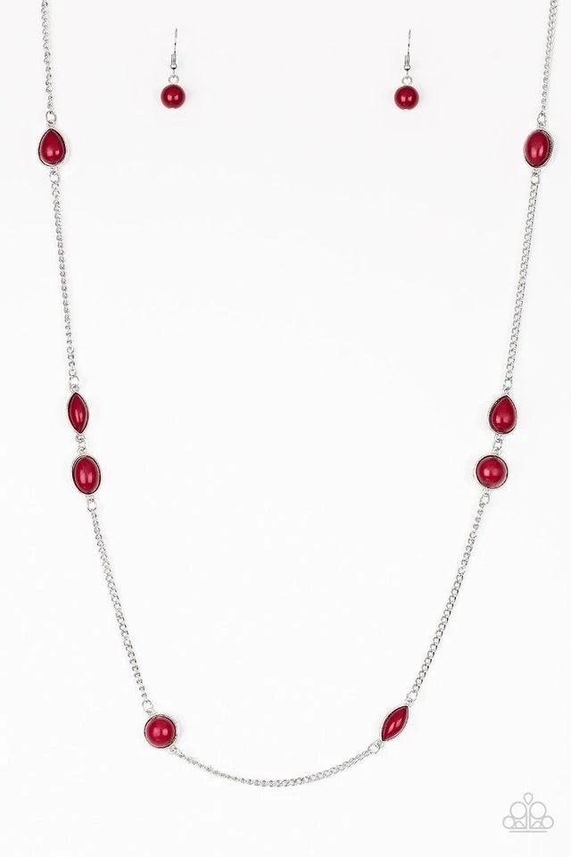 Paparazzi Accessories Pacific Piers - Red Featuring round and teardrop shapes, rich red beading trickles along an elongated silver chain for a seasonal look. Features an adjustable clasp closure. Jewelry