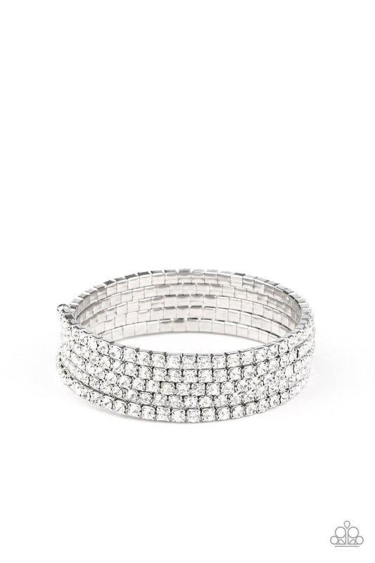 Paparazzi Accessories The GLOW-Digger - White Encased in sleek silver fittings, row after row of glassy white rhinestones coil around the wrist, creating a blinding infinity wrap bracelet. Jewelry