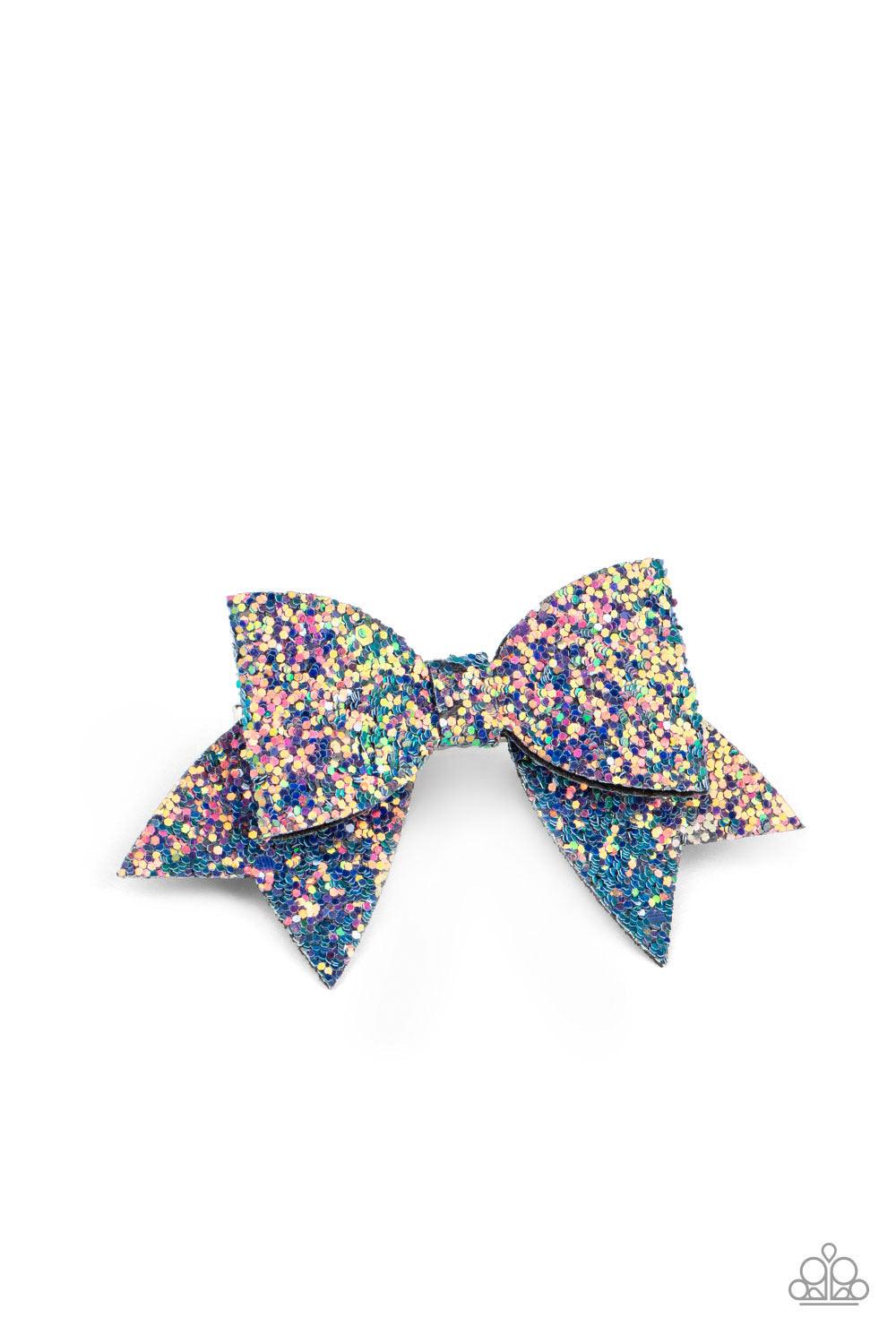 Paparazzi Accessories Confetti Princess - Multi Dusted in multicolored sequins, glittery leather pieces delicately knot into a dainty bow. Features a standard hair clip on the back. Sold as one individual hair clip. Hair Accessories