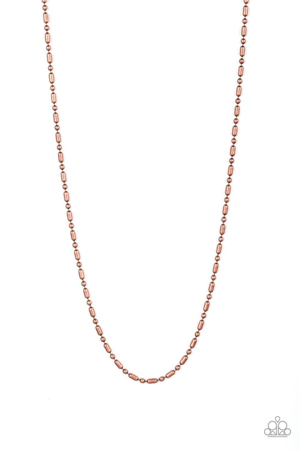 Paparazzi Accessories Covert Operation - Copper Brushed in an antiqued finish, a dainty copper ball and bar chain drapes across the chest for a casual look. Features an adjustable clasp closure. Jewelry