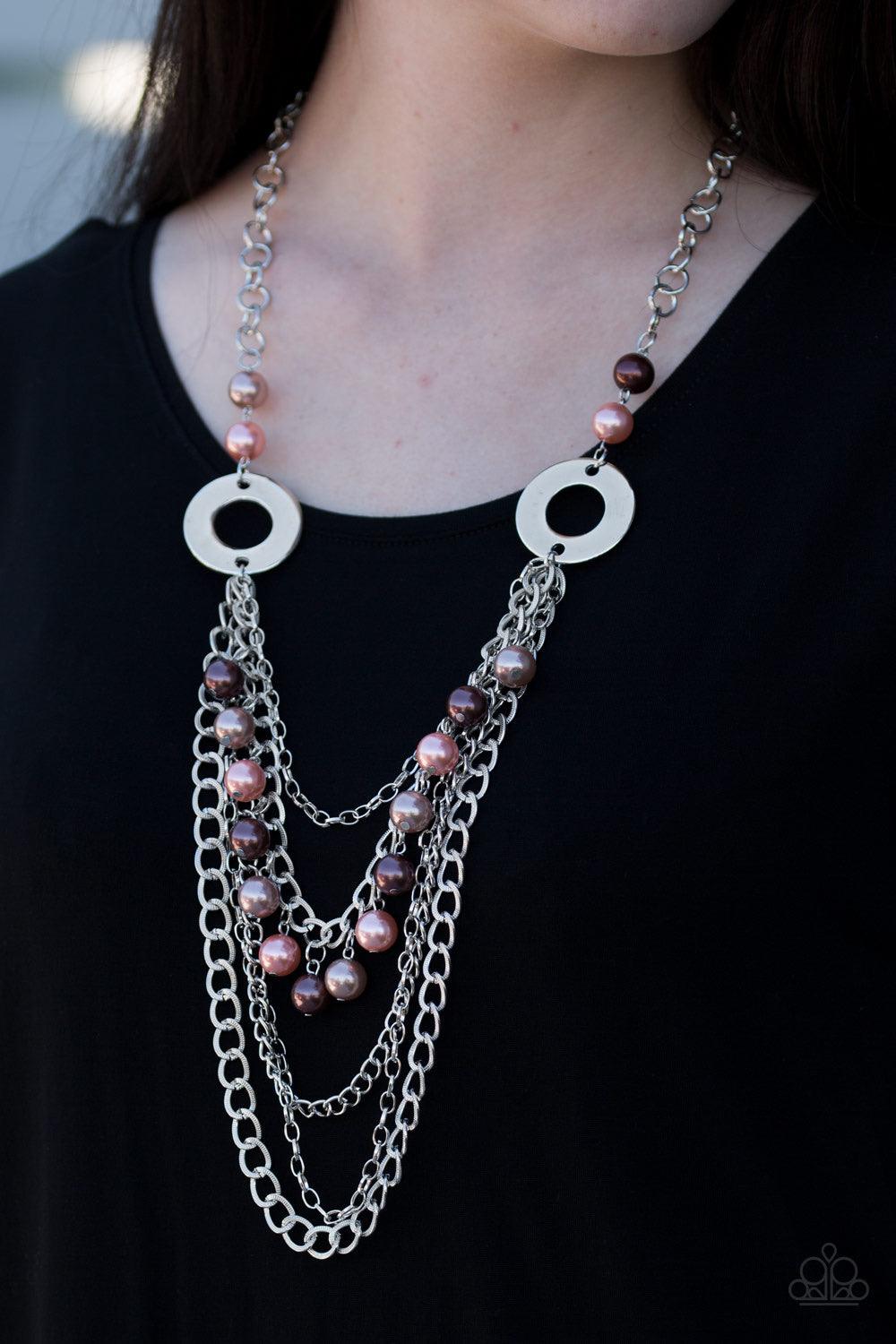 Paparazzi Accessories BELLES and Whistles - Multi Dramatic silver hoops give way to layers of mismatched silver chains. Pearly brown, pink, and tan beads trickle from the second chain, creating a flirty fringe across the chest. Features an adjustable clas