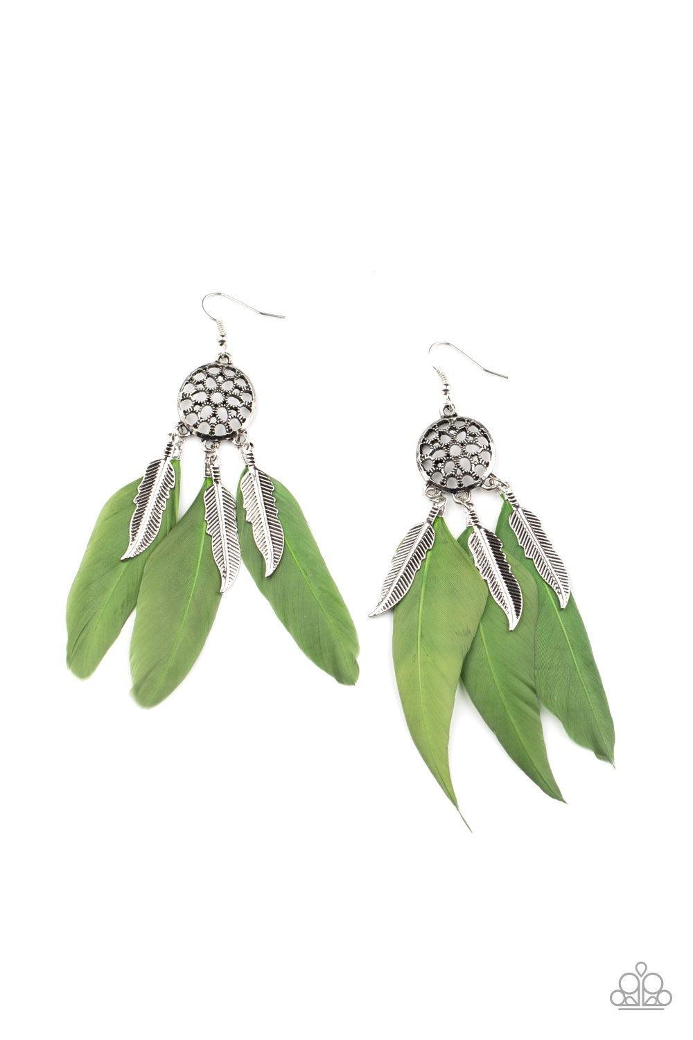 Paparazzi Accessories In Your Wildest DREAM-CATCHERS - Green Earthy green feathers and antiqued silver feather charms swing from the bottom of an ornate silver frame, creating a wildly colorful dream-catcher. Earring attaches to a standard fishhook fittin