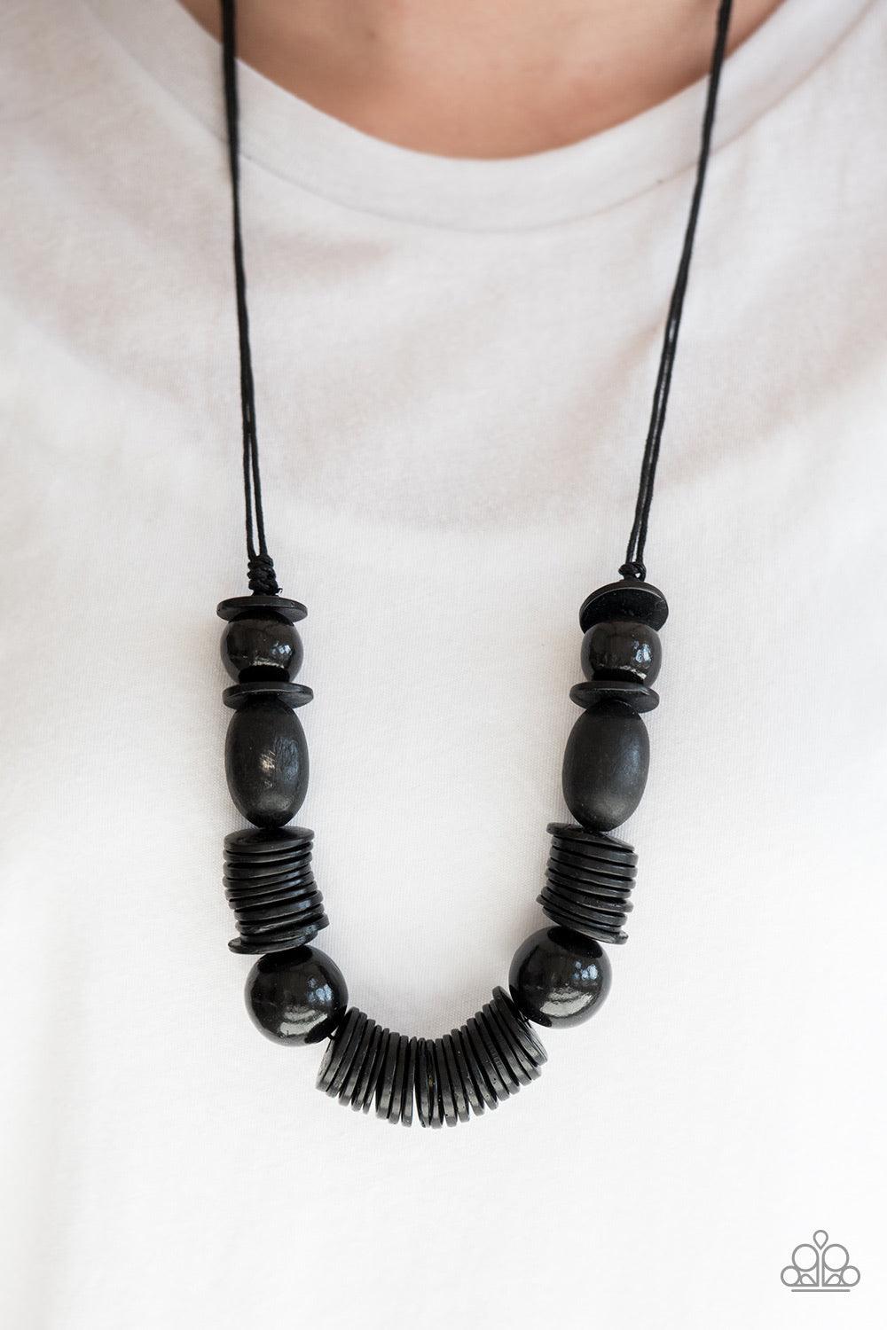 Paparazzi Accessories You Better BELIZE It - Black Shiny black wooden beads and discs are threaded along black cording for a summery look. Features an adjustable sliding knot closure. Necklaces