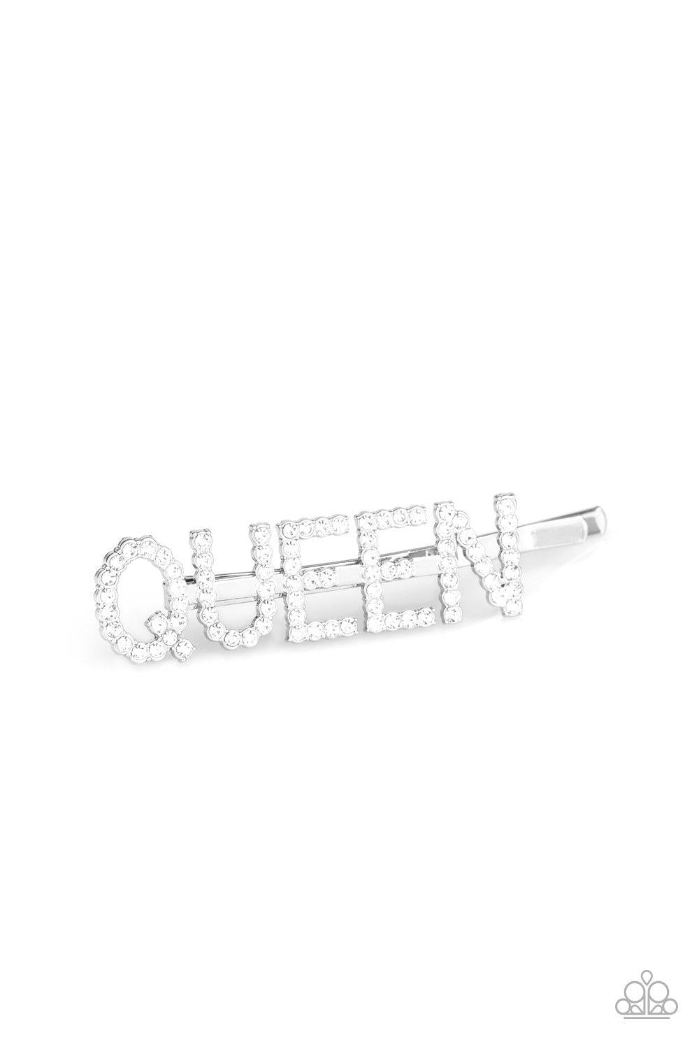 Paparazzi Accessories It’s A Hair Up Kinda Day - White White rhinestone encrusted letters spell out, "QUEEN," across the front of a classic bobby pin for a glamorous look. Sold as one individual decorative bobby pin. Hair Accessories